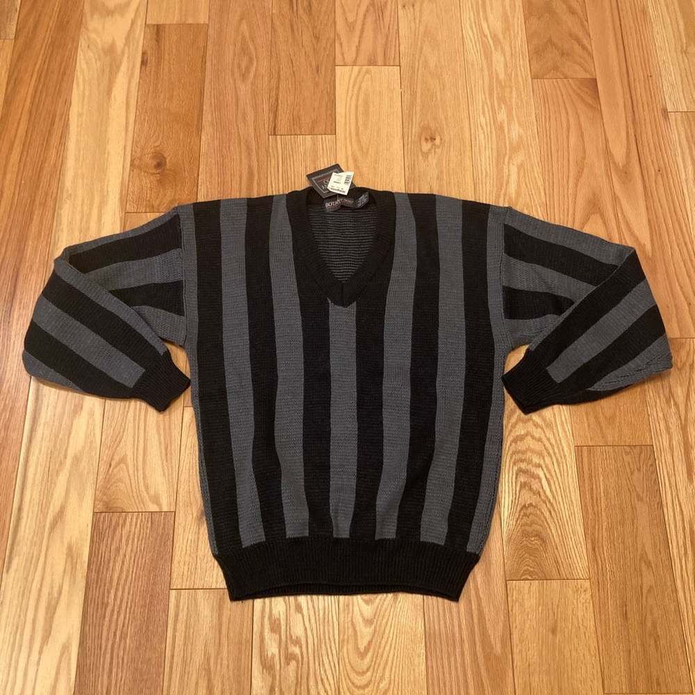Vintage V Neck Pullover Sweater Gray Vertical Stripe Deadstock Botany 500 Large